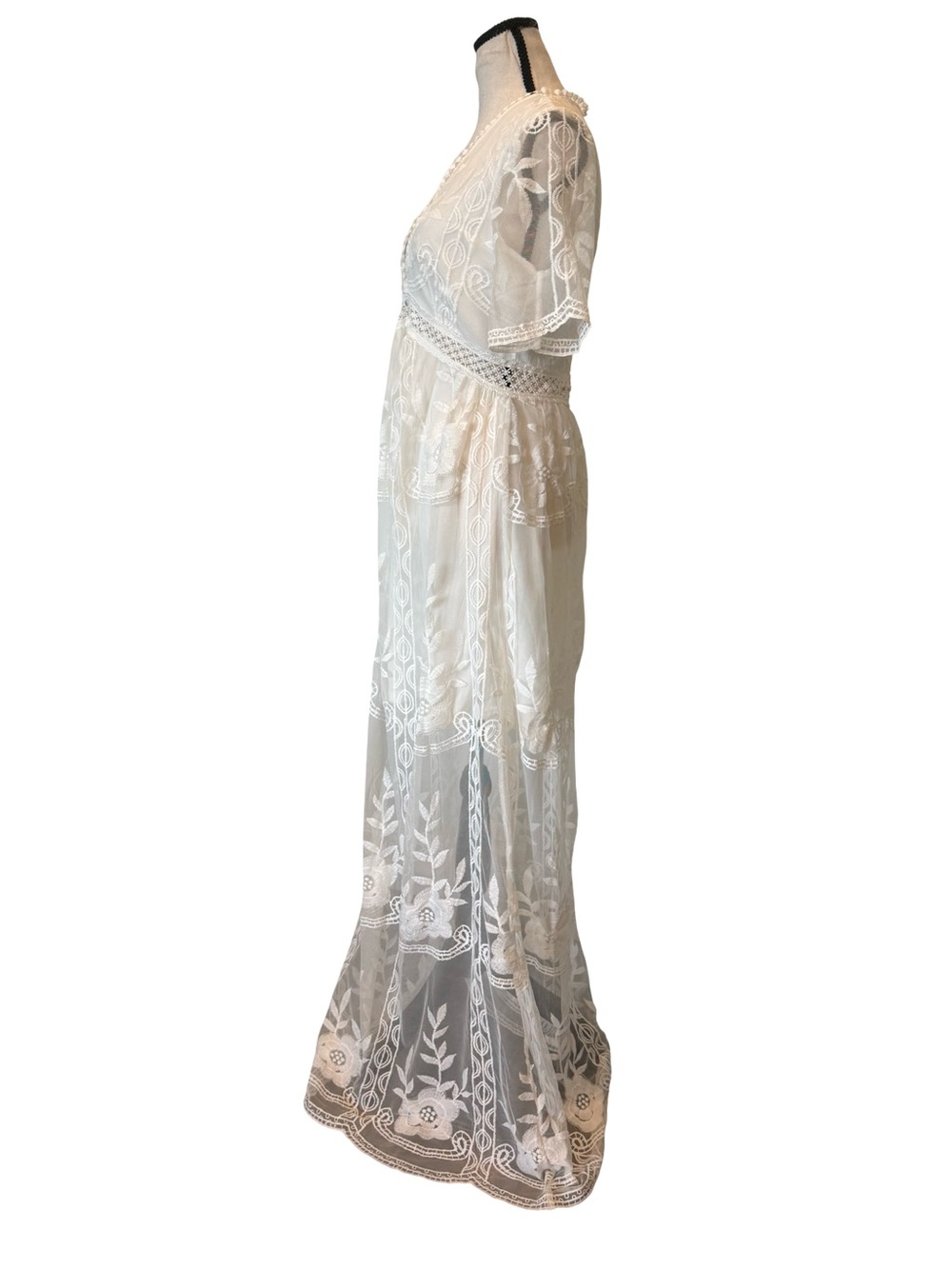 Boho White Embroidered Lace Maxi Dress Sheer Mesh Overlay Cottagecore Medium - Picture 11 of 13